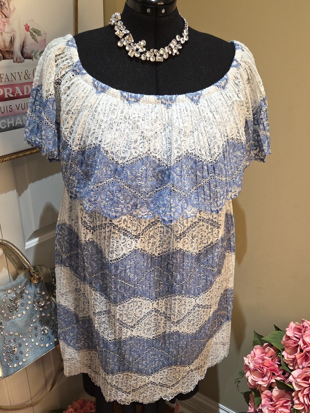 Nwot XL Beige by eci Blue and White Off-Shoulder Lace Midi Dress B1
